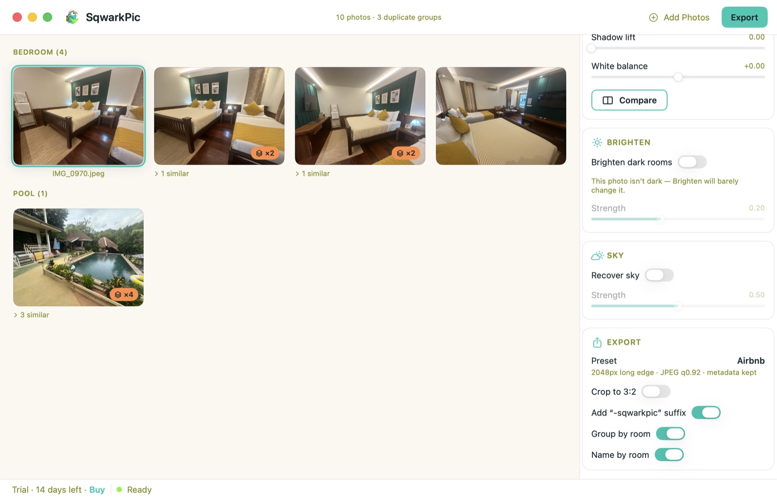 Photos grouped by room with duplicates flagged